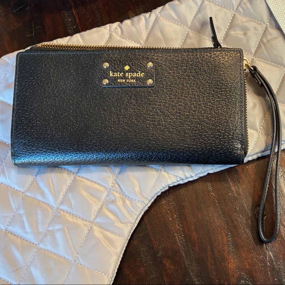 Kate Spade Black Leather Wristlet with Gold Accents